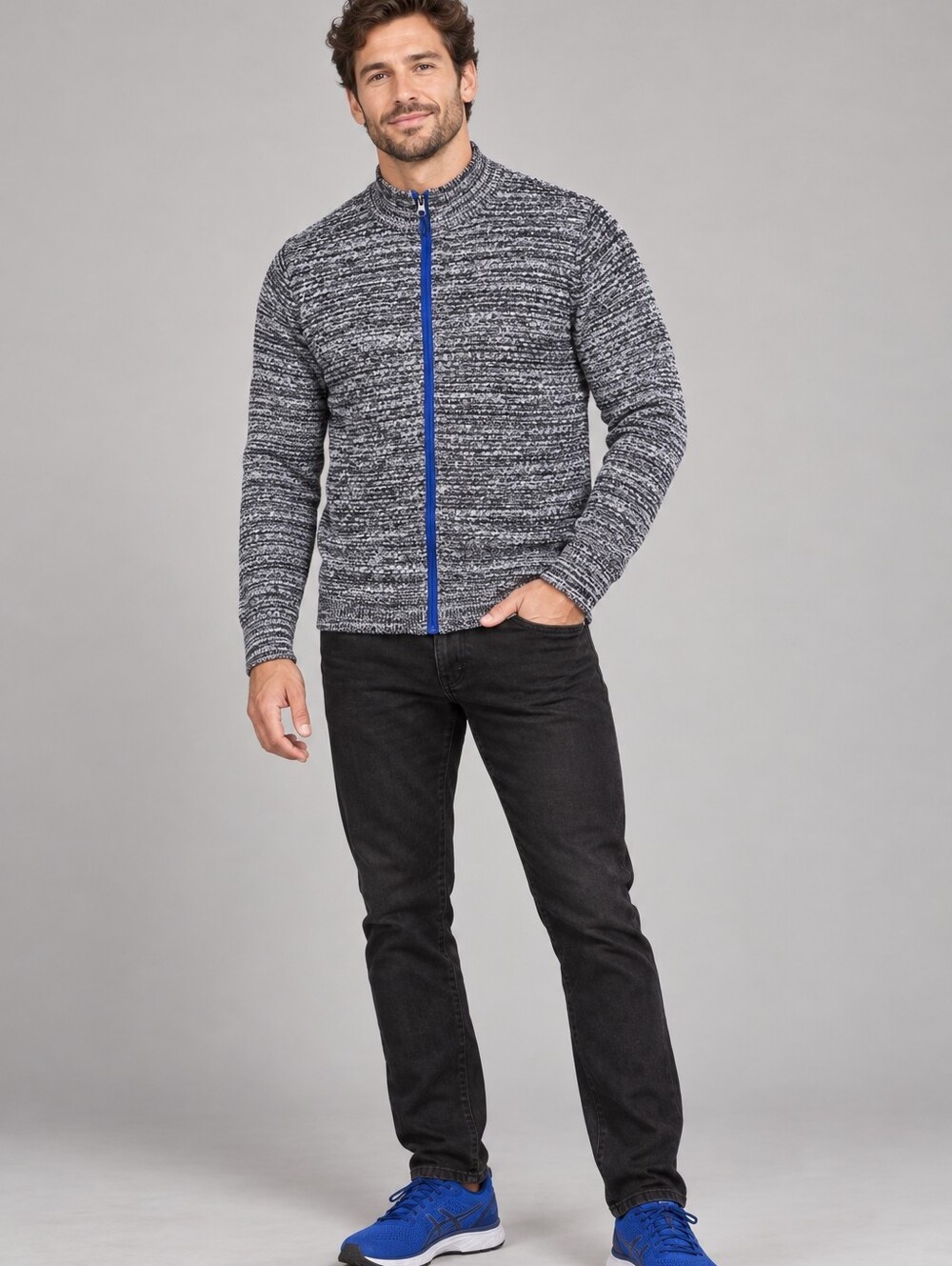 Men's Large Mark Law Gray Full-Zip Sweater with Blue Trim
